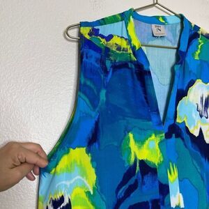 Natori MuuMuu Dress Medium Blue Tropical Maxi Long Double Slit Sleeveless Caftan
